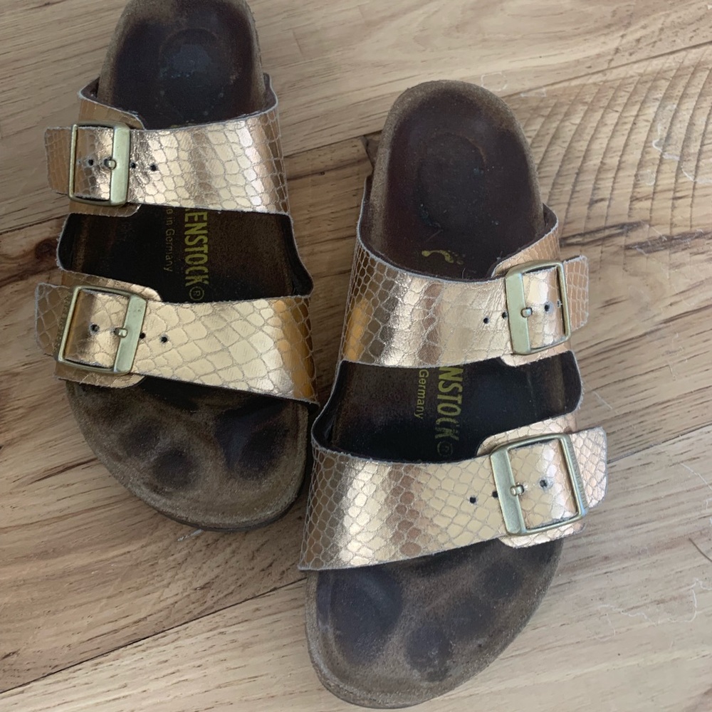 Gold snake print Birkenstocks 36